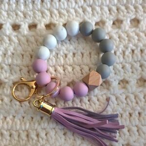 Pink and Gray Beaded Bracelet Keychain with Tassel